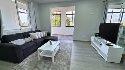 a living room with a black couch and a flat screen tv at Ninho's Sea View By Sam Houses in Ribeira Brava