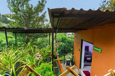 a green door to a building with a trash can at Luci's House B in São Jorge