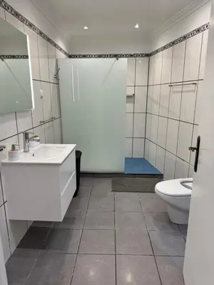 a bathroom with a white sink and a toilet at Funchal Terrace House in Funchal