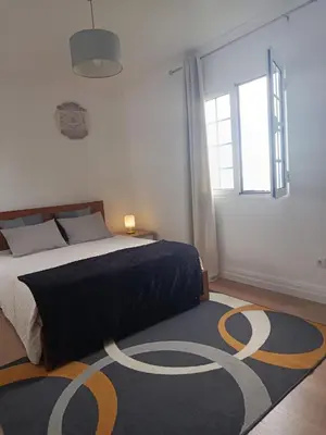 a bedroom with a bed and a large rug at Dhamma Guest House in Ponta Delgada