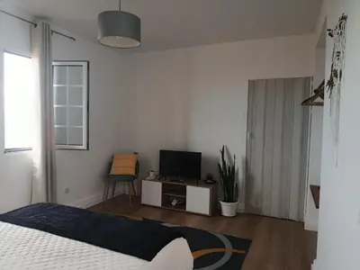 a bedroom with a bed and a tv and a chair at Dhamma Guest House in Ponta Delgada