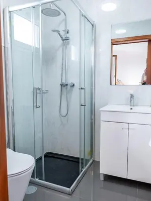 a bathroom with a shower and a toilet and a sink at Solar do Pico Studio in Ponta Delgada