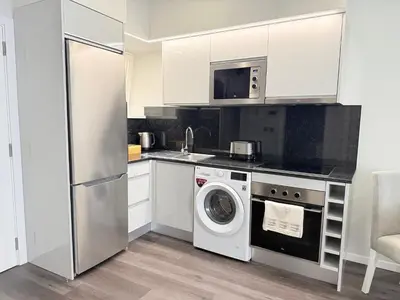 a kitchen with white cabinets and a washer and dryer at Gold Center Funchal 105 in Funchal