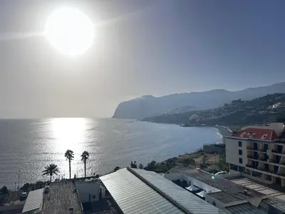 a view of a body of water with palm trees at Ocean Sea View Apartment in Funchal