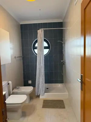 a bathroom with a shower and a toilet and a sink at Apartamento Solmar in Lagos