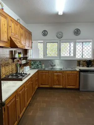 a kitchen with wooden cabinets and a stove top oven at Casa Žerotín in Funchal