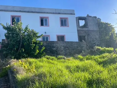 a white house with a stone wall in a field at Ocean Retreat in Fajã da Ovelha
