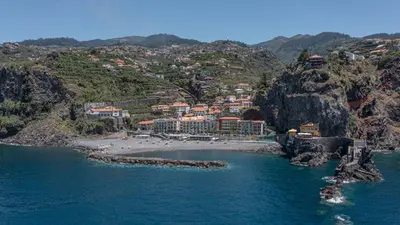 an aerial view of a beach on a mountain at Villa Holiday Sun by Holiday Rental Madeira in Ponta do Sol