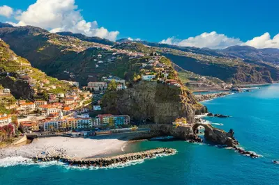 an aerial view of a town on a mountain at Villa Holiday Sun by Holiday Rental Madeira in Ponta do Sol