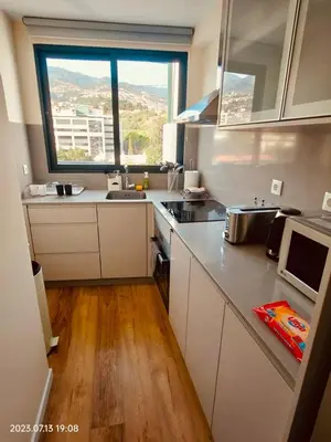 a kitchen with white cabinets and a window in it at Apartment with Mountain View in Funchal