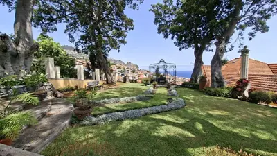 a garden with trees and a view of the ocean at Elegant and Relaxing Seaview Apartment with Pool in Funchal