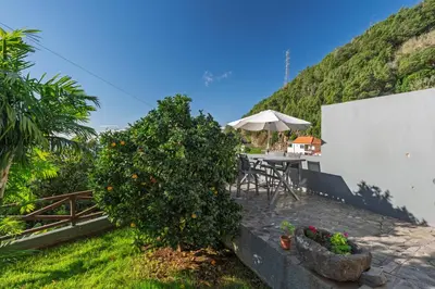 a garden with an orange tree and a table with an umbrella at Casa da Laranja by Holiday Rental Madeira in Tábua