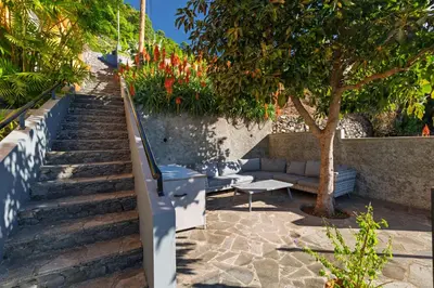 a set of stairs with a couch and a tree at Casa da Laranja by Holiday Rental Madeira in Tábua