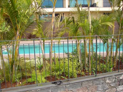 a fence with palm trees and a swimming pool at Funchal bay incredible view with pool in Funchal