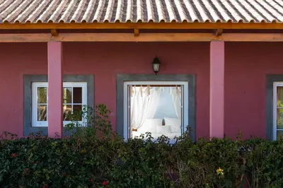 a pink house with a window with a white curtain at Atrio in Estreito da Calheta