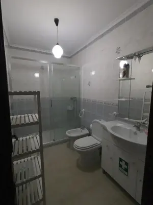 a bathroom with a toilet and a sink and a shower at Casa do Burgau in Burgau