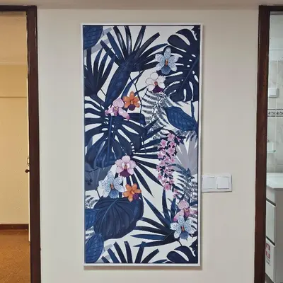 a painting of blue and white flowers on a door at JoLi Larano - BBQ In in Machico