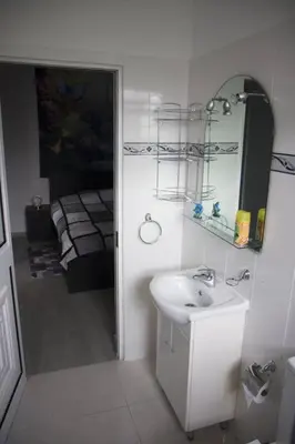 a bathroom with a sink and a mirror and a shower at House Villa Butterfly in Santana