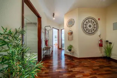 a hallway with wooden floors and plants in a house at Sun & Roses in Funchal
