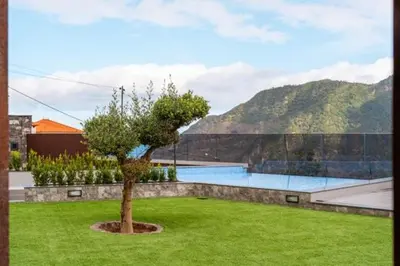 a tree in the middle of a yard with a skate park at Vilaugusto in São Vicente