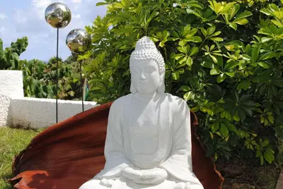 a white statue sitting in the grass next to a tree at Loft - Villa Casa do mar in Ponta Delgada