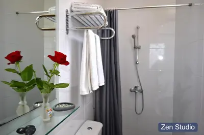 a bathroom with a shower and a vase with red roses at Villa Henriques in Funchal