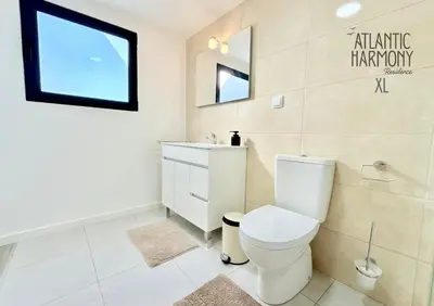 a bathroom with a toilet and a sink and a window at Atlantic Harmony Residences in Funchal