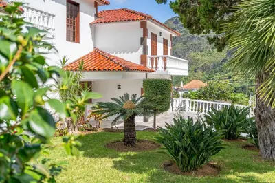 a white house with a palm tree in the yard at Casa do Vale in São Vicente