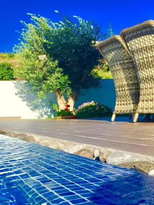 a pool with two wicker chairs and a tree at Villa Pinheira III heated pool in Calheta