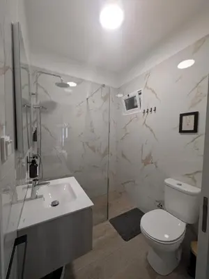 a bathroom with a toilet and a sink and a shower at Vitoria's Vale in Funchal