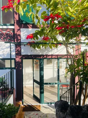 a building with glass windows and a plant with red flowers at Sunny Escape - Ponta do Sol - Vila Silva Downstairs in Ponta do Sol