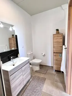 a bathroom with a white sink and a toilet at Bravas House 1 in Tábua