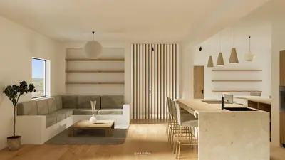 a kitchen and living room with a couch and a table at Villa Hideaway - Splendid Sea View with a Pool in Aljezur