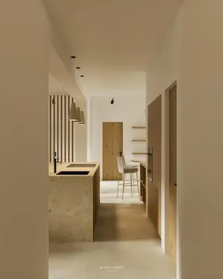 a hallway leading to a kitchen and a dining room at Villa Hideaway - Splendid Sea View with a Pool in Aljezur