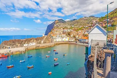 a group of boats in a body of water at Camara de Lobos Apt by Holiday Rental Madeira in Câmara de Lobos