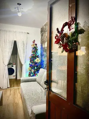 a living room with a christmas tree and a door at Adega Do Avô, Madeira Island in Ponta Delgada