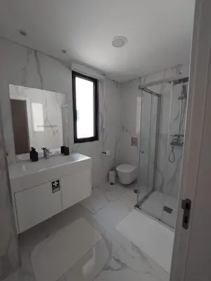 a bathroom with a shower and a sink and a toilet at Visconde II F in Ribeira Brava