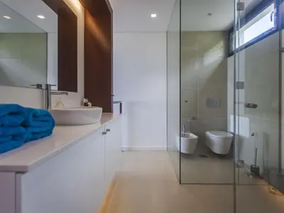 a bathroom with a glass shower and a sink at Quinta Golfinho - Casa Nenufar in Arco da Calheta