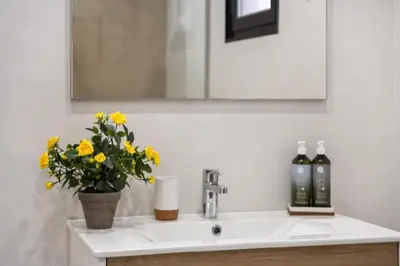 a bathroom sink with a vase of flowers on it at Casa Susan in Ribeira Brava