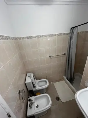 a bathroom with a toilet and a sink and a shower at Brisa do Norte apartment in São Vicente