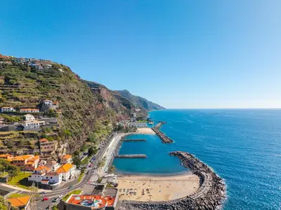 an aerial view of a beach and the ocean at Peace Haven II in Calheta