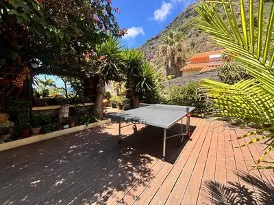 a garden with plants and flowers on a wooden deck at Suite Vigia Jardim in Jardim do Mar