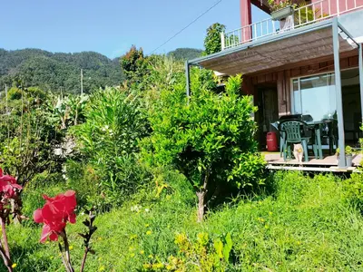 a house with a deck and a table and chairs at casa do campo in Machico