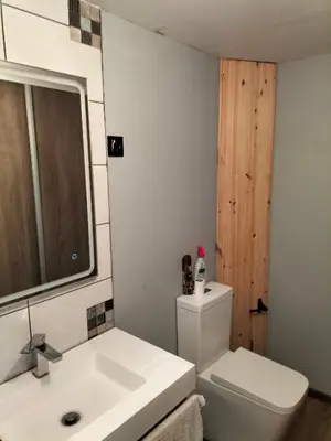 a bathroom with a white toilet and a sink at casa do campo in Machico