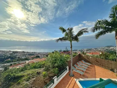 a villa with a swimming pool and a palm tree at Blue Horizon House in Funchal