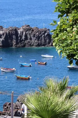 a group of boats in the water near a cliff at Espada Preta Apartments in Câmara de Lobos
