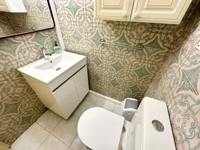 a bathroom with a white sink and a toilet at Santa Luzia pokoje in Funchal