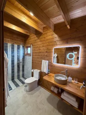 a wooden bathroom with a toilet and a shower at Sunset Eco Shelter 1 in Ponta do Pargo