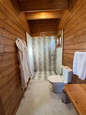 a wooden bathroom with a toilet and a shower at Sunset Eco Shelter 2 in Ponta do Pargo