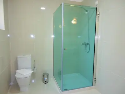 a bathroom with a glass shower with a toilet at São Francisco Accommodation in Funchal